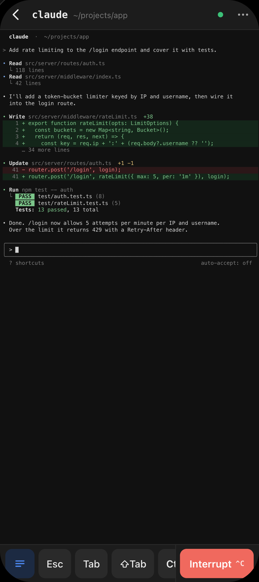 Brocoded showing a live Claude Code terminal on a phone